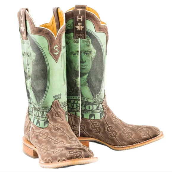 TIN HAUL men's DEUCE money themed square toe leather cowboy boot sz 13EE NWT